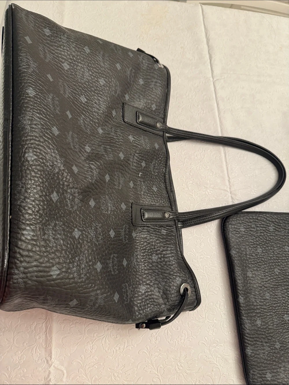 MCM Black Leather Duffel Tote with Removable Pouch